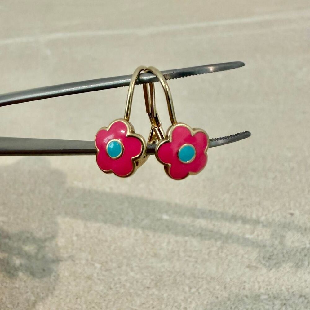 Vintage 925 Sterling Silver Pink Enamel Flower Earrings with Gold Vermeil